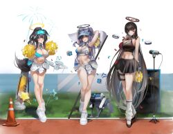 Rule 34 | !?, 3girls, absurdres, animal ears, armpits, arms behind head, artist name, black footwear, black hair, black nails, black skirt, blue archive, blue eyes, blush, breasts, bright pupils, cha-myu, cheering, cheerleader, cleavage, closed mouth, dated, detached collar, dog ears, dog tail, drone, eyewear on head, facial mark, fingernails, flag, full body, hair ornament, hairpin, halo, halterneck, heart, hibiki (blue archive), hibiki (cheer squad) (blue archive), high heels, highres, holding, holding pom poms, large breasts, long hair, looking at viewer, loose socks, mechanical halo, microphone, millennium cheerleader outfit (blue archive), multiple girls, nail polish, navel, official alternate costume, open mouth, pleated skirt, pom pom (cheerleading), pom poms, ponytail, purple eyes, purple hair, red eyes, rio (blue archive), robot, safety glasses, shoes, signature, skirt, sneakers, socks, speaker, star (symbol), tail, two side up, very long hair, white footwear, white pupils, white skirt, white socks, yellow halo, yuuka (blue archive)