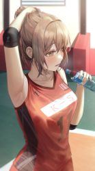 Rule 34 | 1girl, absurdres, arm up, armpits, bare shoulders, bottle, brown eyes, brown hair, elbow pads, highres, holding, holding own hair, jersey, kongsi, original, red shirt, shirt, sleeveless, sportswear, sweat, volleyball uniform, water bottle