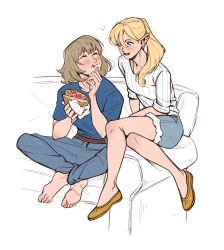 Rule 34 | 2girls, :t, blonde hair, blue pants, blue shirt, brown hair, closed eyes, commentary, couch, crossed legs, denim, dungeon meshi, eating, elf, facing another, falin touden, falin touden (tallman), food, food on face, full body, green eyes, hair over shoulder, hands up, highres, holding, holding food, indian style, jeans, light brown hair, lindriart, long hair, looking at another, marcille donato, multiple girls, open mouth, pants, partially colored, pointy ears, ponytail, sandwich, shirt, short hair, short sleeves, shorts, simple background, sitting, smile, striped clothes, striped shirt, symbol-only commentary, t-shirt, white background, yellow footwear