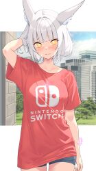 Rule 34 | 1girl, alternate costume, animal ears, blunt bangs, blush, breasts, bright pupils, cat ears, collarbone, embarrassed, facial mark, grey hair, highres, looking at viewer, nia (xenoblade), nintendo, nintendo switch shirt, official alternate hairstyle, revvie, shirt, short hair, shorts, small breasts, solo, t-shirt, white pupils, xenoblade chronicles (series), xenoblade chronicles 3, yellow eyes
