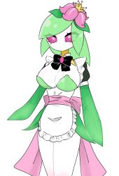 Rule 34 | 1girl, apron, back bow, black bow, black bowtie, blank eyes, blush, bow, bowtie, breasts, clothed pokemon, colored skin, cowboy shot, creatures (company), detached collar, female focus, flower, frilled apron, frills, game freak, green hair, hair flower, hair ornament, hisuian lilligant, large breasts, light blush, looking at viewer, maid apron, medium hair, monster girl, nintendo, no mouth, osenchurii, pink bow, plant girl, pokemon, pokemon (creature), puffy short sleeves, puffy sleeves, red eyes, red flower, sash, short sleeves, sidelocks, simple background, solo, standing, swept bangs, white apron, white background, white skin