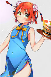 Rule 34 | 10s, 1girl, bad id, bad pixiv id, bow, bowtie, china dress, chinese clothes, cup ramen, dorisu2, dress, gradient background, highres, hoshizora rin, love live!, love live! school idol festival, love live! school idol project, orange hair, short hair, smile, solo, tray, v-shaped eyebrows, yellow bow, yellow bowtie