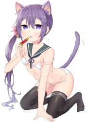 Rule 34 | 1girl, akebono (kancolle), all fours, animal ears, bell, bikini, black thighhighs, cat ears, cat tail, detached collar, extra ears, flat chest, flower, grey sailor collar, hair bell, hair flower, hair ornament, highres, jingle bell, kantai collection, long hair, micro bikini, purple eyes, purple hair, sailor collar, side ponytail, simple background, solo, swimsuit, tail, thighhighs, tongue, tongue out, untied bikini, very long hair, white background, white bikini, yuuzaki
