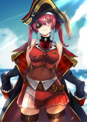 1girl, absurdres, ascot, bangs, bare shoulders, belt, bicorne, black choker, black coat, black eyepatch, black headwear, black legwear, blue sky, blush, breasts, brooch, brown belt, brown legwear, buttons, choker, closed mouth, coat, cowboy shot, cropped jacket, epaulettes, eyepatch, frilled choker, frilled shirt collar, frills, gold trim, hair ribbon, hat, highres, hololive, houshou marine, huge filesize, jacket, jewelry, lace, lace-trimmed legwear, lace trim, large breasts, leather belt, leotard, leotard under clothes, light rays, long hair, looking at viewer, miniskirt, mono 1010, off shoulder, pirate, pleated skirt, red eyes, red hair, red jacket, red neckwear, red ribbon, red skirt, ribbon, see-through, sheer leotard, skirt, sky, sleeveless, sleeveless jacket, sleeves past fingers, sleeves past wrists, smile, solo, sunbeam, sunlight, thighhighs, twintails, two-tone skirt, virtual youtuber, zettai ryouiki