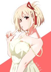 Rule 34 | 1girl, :o, blonde hair, breasts, collarbone, dress, hair ribbon, hand up, highres, index finger raised, large breasts, looking at viewer, lycoris recoil, nishikigi chisato, one side up, open mouth, red eyes, red ribbon, ribbon, short hair, single bare shoulder, solo, spaghetti strap, strap slip, tsuji643163271, two-tone background, yellow dress