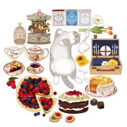 Rule 34 | almond, animal focus, birdcage, blackberry (fruit), blueberry, box, cage, cake, carousel, cat, cheese, cherry, chocolate, chocolate cake, circle formation, cookie, cup, flower, food, food focus, fork, fruit, grey cat, knife, leaf, lemon, lemon slice, looking at viewer, lying, no humans, orange flower, original, picnic basket, pie, pie slice, plate, raspberry, rose, saucer, simple background, slothm22, spoon, star anise (spice), sugar bowl, sugar cube, tea, teacup, teapot, thumbprint cookie, tulip, white background, white flower, yellow flower, yellow rose