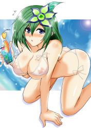 Rule 34 | 1990s (style), 1girl, :o, ass, bent over, bikini, blue eyes, blush, breasts, butt crack, cleavage, covered erect nipples, final fantasy, final fantasy iv, green hair, huge breasts, large breasts, aged up, open mouth, retro artstyle, rydia (ff4), see-through, short hair, side-tie bikini bottom, solo, swimsuit, wet, yasakani an
