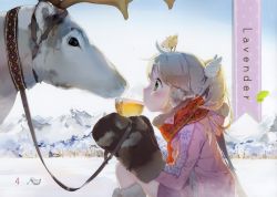 Rule 34 | 1girl, absurdres, animal, animal on head, anmi, bird, bird on head, blonde hair, blush, day, drinking, earmuffs, eye contact, from side, fur gloves, green eyes, highres, holding, leash, long sleeves, looking at another, mittens, mountainous horizon, on head, original, outdoors, ponytail, profile, red scarf, reindeer, scarf, sitting, sky, snow