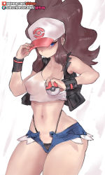 Rule 34 | 1girl, baseball cap, black panties, black vest, black wristband, blue shorts, breasts, brown hair, cleavage, closed mouth, collarbone, covered erect nipples, creatures (company), crop top, cutoffs, denim, denim shorts, game freak, girlsay, grey background, hands up, hat, high ponytail, highleg, highleg panties, highres, hilda (pokemon), hip bones, hip focus, holding, holding poke ball, large breasts, long hair, micro shorts, midriff, navel, nintendo, open fly, panties, panty lift, pink hat, poke ball, poke ball (basic), poke ball print, poke ball symbol, pokemon, pokemon bw, print headwear, shiny skin, shirt, shorts, sidelocks, sleeveless, sleeveless shirt, solo, stomach, taut clothes, taut shirt, unbuttoned, underwear, vest, white background, white hat, white shirt, wristband