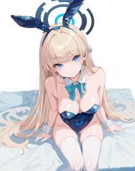 Rule 34 | 1girl, absurdres, bare shoulders, blonde hair, blue archive, blue eyes, bow, bowtie, breasts, cleavage, highres, leotard, long hair, looking at viewer, playboy bunny, sitting, solo, toki (blue archive), tomo 527