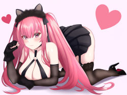 Rule 34 | 1girl, absurdres, all fours, animal ears, azur lane, bare shoulders, black choker, black dress, black garter straps, black thighhighs, breasts, cat ears, choker, cleavage, comotaro, detached sleeves, dress, fake animal ears, fingerless gloves, full body, garter straps, gloves, heart, high heels, highres, la galissonniere (azur lane), la galissonniere (black cat of all hallows&#039; eve) (azur lane), long hair, looking at viewer, microdress, o-ring, o-ring dress, official alternate costume, pink background, pink eyes, pink hair, red soles, shoes, simple background, solo, thighhighs, twintails, very long hair