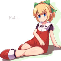 Rule 34 | 1girl, black socks, blonde hair, blue eyes, blunt bangs, blush, bow, character name, closed mouth, collarbone, commentary request, dress, flat chest, full body, green bow, hair bow, hard (hardmaker), head tilt, hooded dress, looking at viewer, mega man (classic), mega man (series), mega man 11, ponytail, red dress, red footwear, roll (mega man), shadow, shoes, short sleeves, sidelocks, smile, socks, solo, white background, zipper