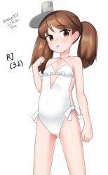 Rule 34 | 1girl, absurdres, brown eyes, brown hair, casual one-piece swimsuit, commentary request, cosplay, criss-cross halter, dated, flat chest, flower, frilled one-piece swimsuit, frilled swimsuit, frills, hair flower, hair ornament, hairband, halterneck, highres, kantai collection, long hair, looking at viewer, maru (marg0613), one-hour drawing challenge, one-piece swimsuit, ryuujou (kancolle), sagiri (kancolle), sagiri (kancolle) (cosplay), side-tie swimsuit, solo, standing, swimsuit, tongue, tongue out, twintails, twitter username, visor cap, white one-piece swimsuit