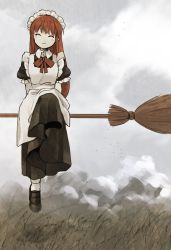 Rule 34 | 1girl, apron, black dress, black footwear, bow, bowtie, breasts, broom, broom riding, closed mouth, dress, closed eyes, frilled apron, frilled sleeves, frills, highres, kaigen 1025, long hair, maid, maid apron, maid headdress, puffy short sleeves, puffy sleeves, red bow, red bowtie, red hair, seihou, short sleeves, small breasts, smile, socks, very long hair, vivit, white apron