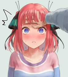 Rule 34 | 1boy, 1girl, black ribbon, blue eyes, blunt bangs, blush, bob cut, butterfly hair ornament, closed mouth, collarbone, commentary request, go-toubun no hanayome, hair ornament, hair ribbon, hand on another&#039;s head, hand on own neck, highres, ishiyuki, multicolored nails, multicolored shirt, nakano nino, pink hair, ribbon, shirt, short hair, sidelocks, solo, striped clothes, striped shirt, sweatdrop, uesugi fuutarou