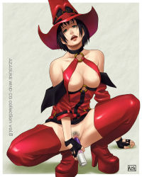 Rule 34 | 1girl, arc system works, arm support, azasuke, bare shoulders, black hair, boots, breasts, censored, choker, cleavage, dildo, female masturbation, female pubic hair, fingerless gloves, gloves, green eyes, guilty gear, hat, highres, i-no, masturbation, mole, no panties, open mouth, pubic hair, sex toy, short hair, solo, spread legs, squatting, thigh boots, thighhighs, vibrator, witch hat