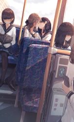 Rule 34 | 5girls, absurdres, bag, benevole, black bow, black footwear, black hair, black pantyhose, black sailor collar, blunt bangs, bob cut, bow, brown hair, building, bus, day, hair bow, hand on another&#039;s neck, highres, holding, holding bag, kiss, light particles, loafers, long hair, long sleeves, looking away, motor vehicle, multiple girls, on chair, original, pantyhose, people, sailor collar, school uniform, shirt, shoes, short hair, sidelocks, sitting, standing, sunlight, uniform, white shirt, window, yuri