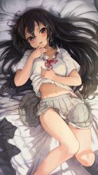 Rule 34 | 1girl, absurdres, alternate hairstyle, bed sheet, black hair, blouse, blush, brown eyes, collarbone, commentary request, commission, grey skirt, hair down, highres, k-on!, long hair, looking at viewer, lying, melaton, miniskirt, nakano azusa, navel, neck ribbon, on back, on bed, open mouth, partially unbuttoned, red ribbon, ribbon, sakuragaoka high school uniform, school uniform, shirt, short sleeves, skeb commission, skirt, solo, thighs, white shirt