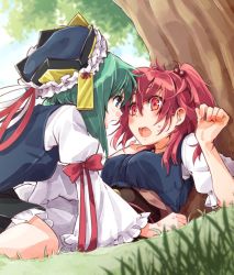Rule 34 | 2girls, blush, bow, commentary request, face-to-face, grass, green eyes, green hair, hair between eyes, hair bobbles, hair ornament, hat, kitsune maru, looking at another, multiple girls, onozuka komachi, red bow, red eyes, red hair, red ribbon, ribbon, shiki eiki, short hair, short sleeves, sweat, touhou, tree, yuri