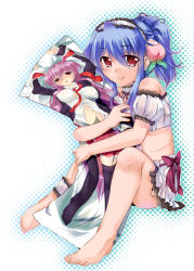 Rule 34 | 1girl, alternate hairstyle, arms up, blue hair, blush, dakimakura (object), food, fruit, highres, hinanawi tenshi, hug, looking at viewer, midriff, hugging object, peach, pillow, pillow hug, red eyes, reisen udongein inaba, sesield, short hair, sitting, smile, solo, touhou