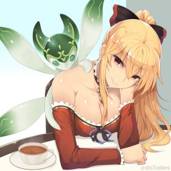 Rule 34 | 10s, 1girl, bare shoulders, blonde hair, bow, breasts, chevallier, cleavage, cup, granblue fantasy, hair bow, long hair, looking at viewer, luminiera (granblue fantasy), ponytail, smile, solo, sts, tea, teacup, twitter username, vira (granblue fantasy)
