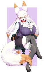 Rule 34 | 1girl, borrowed character, brown eyes, chair, commission, furry, furry female, highres, long hair, negoya, office lady, solo, thighhighs, white hair