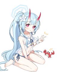 Rule 34 | 1girl, absurdres, barefoot, bikini, blue archive, blue bikini, blue hair, blue sailor collar, blush, bracelet, breasts, chise (blue archive), chise (swimsuit) (blue archive), collarbone, crab, flower, hair flower, hair ornament, halo, highres, horns, jewelry, long hair, looking at viewer, mearyo, navel, oni horns, ponytail, red eyes, red horns, sailor collar, side-tie bikini bottom, simple background, sitting, small breasts, solo, striped bikini, striped clothes, swimsuit, very long hair, wariza, wet, white sailor collar