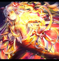 Rule 34 | 1girl, arms up, bad id, bad pixiv id, bow, breasts, buttons, dress shirt, eyebrows, female focus, fire, fujiwara no mokou, gradient background, hair bow, hair ribbon, highres, light particles, lips, long hair, long sleeves, looking at viewer, medium breasts, monchi (kashiwa2519), ofuda, open clothes, open hands, open shirt, pants, parted lips, red eyes, ribbon, shirt, solo, suspenders, teeth, touhou, very long hair, white hair