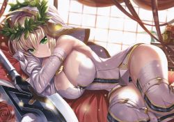 Rule 34 | 1girl, absurdres, aestus estus, bare shoulders, blonde hair, breasts, cleavage, elbow gloves, fate/extra, fate/extra ccc, fate (series), gloves, heirou, highres, huge filesize, indoors, large breasts, leotard, looking at viewer, lying, nero claudius (bride) (fate), nero claudius (bride) (third ascension) (fate), nero claudius (fate), nero claudius (fate) (all), on side, raised eyebrow, scan, shiny skin, smile, solo, sword, thighhighs, thighs, weapon, white gloves, white sleeves, white thighhighs