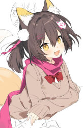Rule 34 | 1girl, alternate costume, animal ear fluff, animal ears, arms on table, blue archive, bow, bowtie, brown hair, brown sweater, crossed arms, fang, fox ears, fox hair ornament, fox tail, hair ornament, hairclip, halo, izuna (blue archive), looking at viewer, medium hair, open mouth, pink scarf, pom pom (clothes), pom pom hair ornament, scarf, sketch, skin fang, sleeves past wrists, smile, solo, sweater, tail, two side up, yellow eyes, ymm007xx