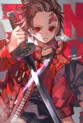 Rule 34 | 1boy, alternate costume, brown hair, contemporary, earrings, highres, holding, holding sword, holding weapon, jacket, jewelry, kamado tanjirou, katana, kimetsu no yaiba, leather, leather jacket, long sleeves, male focus, mimimikan, red eyes, red jacket, scar, scar on face, scar on forehead, shirt, solo, sword, weapon
