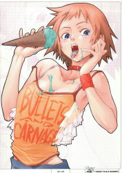 Rule 34 | 1girl, absurdres, artbook, bare shoulders, blue eyes, blush, bra strap, breasts, camisole, clothes writing, dogs: bullets &amp; carnage, dripping, eating, food, highres, ice cream, ice cream cone, licking, mimi (dogs), mori kotaro, off shoulder, open mouth, orange hair, red hair, scan, short hair, shorts, solo, tongue, wristband