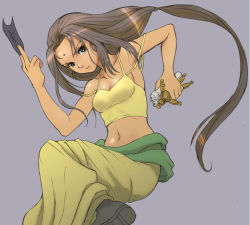 Rule 34 | 1girl, arc the lad, arc the lad ii, bare shoulders, breasts, brown hair, candle, card, female focus, green eyes, halterneck, hosi, long hair, sania, simple background, skirt, small breasts, solo, straw doll, voodoo doll