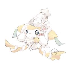 Rule 34 | :3, badge, blue eyes, blush, bow, closed mouth, creatures (company), game freak, gen 3 pokemon, hat, hat bow, jirachi, legendary pokemon, looking at viewer, mythical pokemon, nintendo, no humans, pink bow, pokemon, pokemon (creature), remon (920moomin), scarf, simple background, smile, star (symbol), star in eye, symbol in eye, talisman, white background, white bow, white scarf, woollen cap