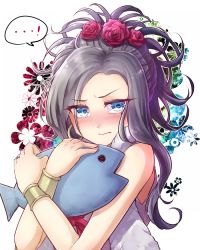 Rule 34 | 1girl, bad id, bad pixiv id, bare shoulders, black hair, blue eyes, blush, bracelet, closed mouth, deborah (dq5), dragon quest, dragon quest v, earrings, eyes visible through hair, feather boa, flower, gotou (goto sep), hair flower, hair ornament, holding, holding stuffed toy, hoop earrings, jewelry, long hair, looking at viewer, mole, mole under eye, nose blush, pink ribbon, red flower, red rose, ribbon, rose, solo, speech bubble, stuffed animal, stuffed fish, stuffed toy, upper body