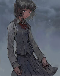 Rule 34 | arms at sides, black hair, blue eyes, blue skirt, blue vest, bob cut, bow, bowtie, breasts, cloud, cloudy sky, commentary, cowboy shot, curled fingers, dark, depressed, dress shirt, floating clothes, floating hair, grey background, long sleeves, looking ahead, looking down, messy hair, narutaru, outdoors, parted lips, pleated skirt, raised eyebrows, red bow, red bowtie, sad, sakura akira, school uniform, shirt, short hair, sketch, skirt, sky, small breasts, standing, suke (user gzvk4878), vest, water drop, wet, wet clothes, wet hair, white shirt, wind