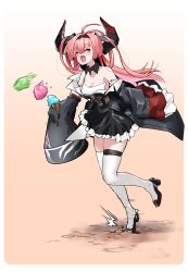 Rule 34 | 1girl, :d, antenna hair, azur lane, bare shoulders, belt, black footwear, black hairband, border, cross, detached collar, food, hair on horn, hairband, high heels, highres, holding, holding food, holding ice cream, ice cream, iron cross, large horns, long hair, long sleeves, open mouth, outside border, pink hair, prinz rupprecht (azur lane), sleeves past fingers, sleeves past wrists, smile, solo, thigh belt, thigh strap, thighhighs, tripping, white border, white thighhighs, winterfall (artenh)