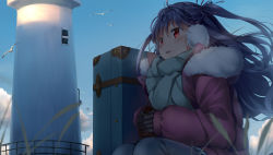 Rule 34 | 1girl, animal, bird, black gloves, black ribbon, blue hair, blue pants, blurry, blurry foreground, breath, commentary request, day, depth of field, earmuffs, floating hair, gloves, green scarf, hair between eyes, hair ribbon, jacket, lighthouse, long hair, long sleeves, looking away, natsume eri, one side up, original, outdoors, pants, parted lips, puffy long sleeves, puffy sleeves, purple jacket, red eyes, ribbon, scarf, sitting, sleeves past wrists, smile, solo, suitcase, very long hair, wind