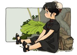 Rule 34 | 1girl, :|, akai sashimi, bag, between legs, black dress, black eyes, black footwear, black hair, border, bun cover, chinese clothes, closed mouth, double bun, dress, expressionless, from side, full body, grey background, hair bun, hand between legs, leaf, looking away, mandarin collar, medium dress, original, outdoors, outside border, own hands together, plant, plant roots, pointy ears, profile, red ribbon, ribbon, rounded corners, sandals, short sleeves, signature, sitting, solo, spread legs, tareme, tentacles, unworn bag, v arms, white border