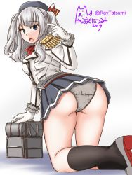 Rule 34 | 1girl, all fours, artist logo, ass, beret, black hat, black skirt, black socks, blue eyes, buttons, dated, epaulettes, feet out of frame, frilled sleeves, frills, from behind, gloves, grey panties, hat, jacket, kantai collection, kashima (kancolle), kneehighs, long sleeves, machinery, military, military jacket, military uniform, miniskirt, neckerchief, panties, pleated skirt, red neckerchief, sidelocks, silver hair, simple background, skirt, socks, solo, tatsumi ray, twintails, twitter username, underwear, uniform, wavy hair, white background, white gloves, white jacket