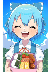 Rule 34 | 1girl, :d, ^ ^, bento, blue bow, blue hair, blue sky, bow, cirno, closed eyes, cloud, collared shirt, facing viewer, food, hair bow, miz (mizillustration), omelet, onigiri, open mouth, outdoors, puffy short sleeves, puffy sleeves, shirt, short hair, short sleeves, sky, smile, solo, tamagoyaki, touhou, upper body, white shirt