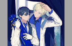 Rule 34 | 2boys, arm up, blonde hair, blue eyes, blue hair, blue lock, blue necktie, blue shirt, blue vest, closed mouth, collared shirt, cowboy shot, curtains, formal, gloves, gradient hair, hands up, highres, isagi yoichi, jacket, long sleeves, looking at another, male focus, michael kaiser, multicolored hair, multiple boys, necktie, shirt, short hair, smile, sohu, standing, suit, two-tone hair, vest, white gloves, white jacket, white shirt, white suit