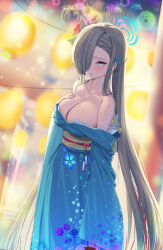 Rule 34 | 1girl, absurdres, asuna (blue archive), blue archive, blue kimono, breasts, elsynien, firework background, fireworks, halo, hand on own chest, highres, japanese clothes, kimono, large breasts, light blush, long hair, looking at viewer, no bra, open mouth, very long hair