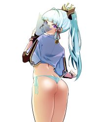 Rule 34 | 1girl, absurdres, artist request, ass, ayaka (genshin impact), blush, butt crack, from behind, genshin impact, highres, long hair, looking at viewer, looking back, no pants, ponytail, purple eyes, see-through, shiny skin, silver hair, smile, solo, thong, very long hair