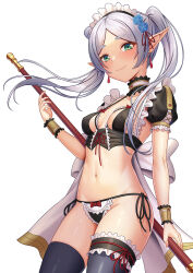 Rule 34 | 1girl, alternate costume, bikini, black bikini, black thighhighs, breasts, bridal garter, choker, closed mouth, commentary request, detached collar, drop earrings, earrings, elf, enmaided, frieren, frilled choker, frills, green eyes, grey hair, highres, holding, holding staff, jewelry, long hair, looking at viewer, mage staff, maid, maid bikini, navel, parted bangs, pointy ears, short eyebrows, side-tie bikini bottom, small breasts, smile, solo, sousou no frieren, staff, swimsuit, tako seijin, thighhighs, twintails, unconventional maid, white background