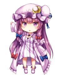 Rule 34 | 1girl, arm up, blue bow, blue ribbon, blunt bangs, blush stickers, bow, breasts, capelet, chibi, cleavage, crescent, dress, full body, hair bow, hat, hat ribbon, long hair, long sleeves, looking at viewer, medium breasts, mob cap, patchouli knowledge, purple eyes, purple hair, purple hat, purple socks, red bow, ribbon, simple background, socks, solo, standing, striped clothes, striped dress, touhou, white background, yuki usagi (snowcanvas)