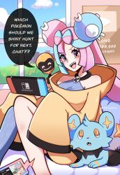 Rule 34 | 1girl, aqua hair, blue eyes, breasts, cleavage, creatures (company), english text, game console, game freak, gen 4 pokemon, hair ornament, highres, iono (pokemon), long hair, medium breasts, multicolored hair, nintendo, nintendo switch, open mouth, pink hair, pokemon, pokemon (creature), pokemon sv, rotom, rotom phone, shinx, smile, solo, tadbulb, touyarokii, twitter username