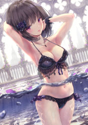 Rule 34 | 1girl, architecture, armpits, arms up, bikini, black bikini, black hair, breasts, collarbone, frills, goth fashion, gothic architecture, gothic lolita, hand in own hair, hand on own face, highres, in water, jewelry, large breasts, lolita fashion, looking at viewer, missile228, navel, necklace, original, petals, pink eyes, short hair, standing, swimsuit, tongue, tongue out, underwater, water, wet