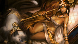 Rule 34 | 1girl, armlet, breasts, brown hair, cat, curvy, dark skin, dark-skinned female, egyptian, green eyes, headdress, highres, iorlvm, jewelry, league of legends, lips, long hair, lying, midriff, navel, nidalee, on side, pharaoh nidalee, polearm, short hair, solo, spear, thick thighs, thighs, weapon, wide hips