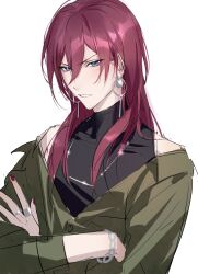 Rule 34 | 1boy, blue eyes, blush, bracelet, crossed arms, earrings, ensemble stars!, hair between eyes, highres, jacket, jewelry, long hair, long sleeves, looking at viewer, male focus, necklace, open mouth, purple hair, ring, rrr (reason), saegusa ibara, sleeveless, sleeveless turtleneck, solo, turtleneck, upper body, white background, wig